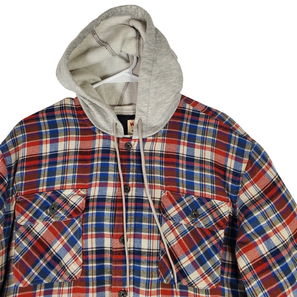 Wrangler Authentics Mens Hooded Flannel Shirt Jacket Red Blue Plaid Quilted L
